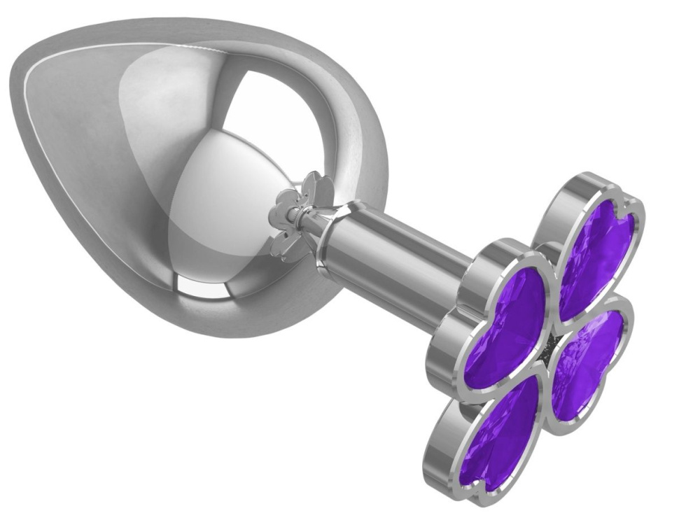 Серебристая анальная пробка-клевер с фиолетовым кристаллом - 9,5 см. купить в секс шопе