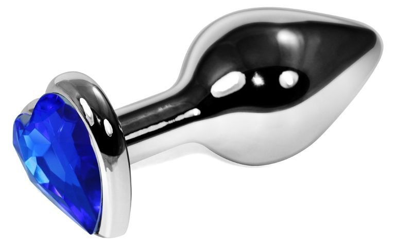 Серебристая коническая анальная пробка с синим кристаллом-сердцем - 8 см. купить в секс шопе