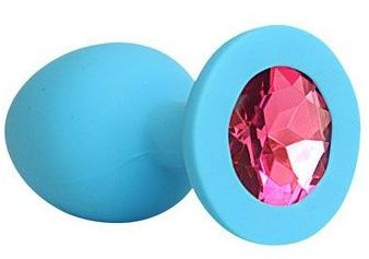 Голубая силиконовая анальная пробка с малиновым кристаллом - 9,5 см. купить в секс шопе