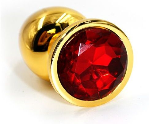 Золотистая алюминиевая анальная пробка с красным кристаллом - 8,4 см. купить в секс шопе