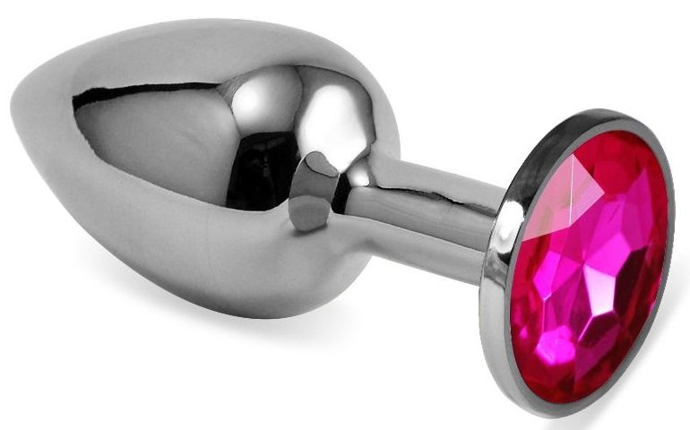Серебристая гладкая анальная пробка с розовым кристаллом - 7,5 см. купить в секс шопе