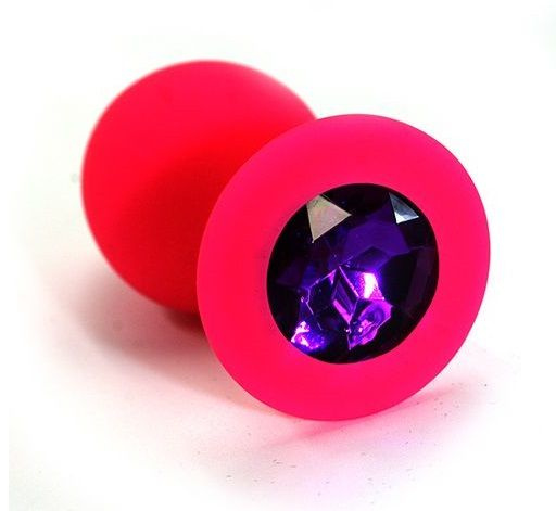 Розовая силиконовая анальная пробка с темно-фиолетовым кристаллом - 7 см. купить в секс шопе