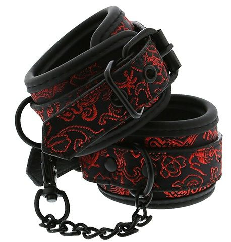 Черно-красные наручники с металлической цепочкой WRIST CUFFS купить в секс шопе