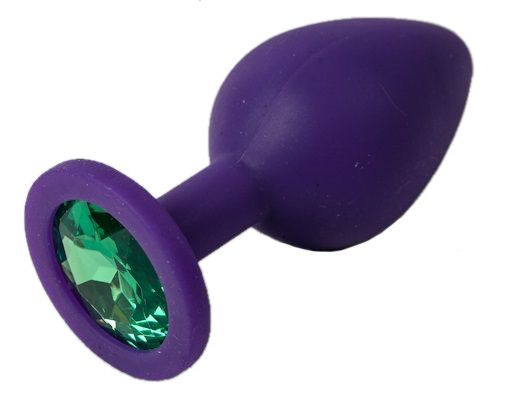Синяя силиконовая пробка с зеленым кристаллом - 8,2 см. купить в секс шопе