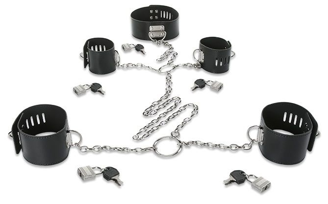 Набор для фиксации: наручники, оковы и ошейник, соединённые цепями и кольцами купить в секс шопе