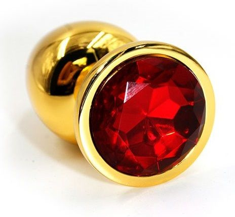 Золотистая алюминиевая анальная пробка с красным кристаллом - 7 см. купить в секс шопе