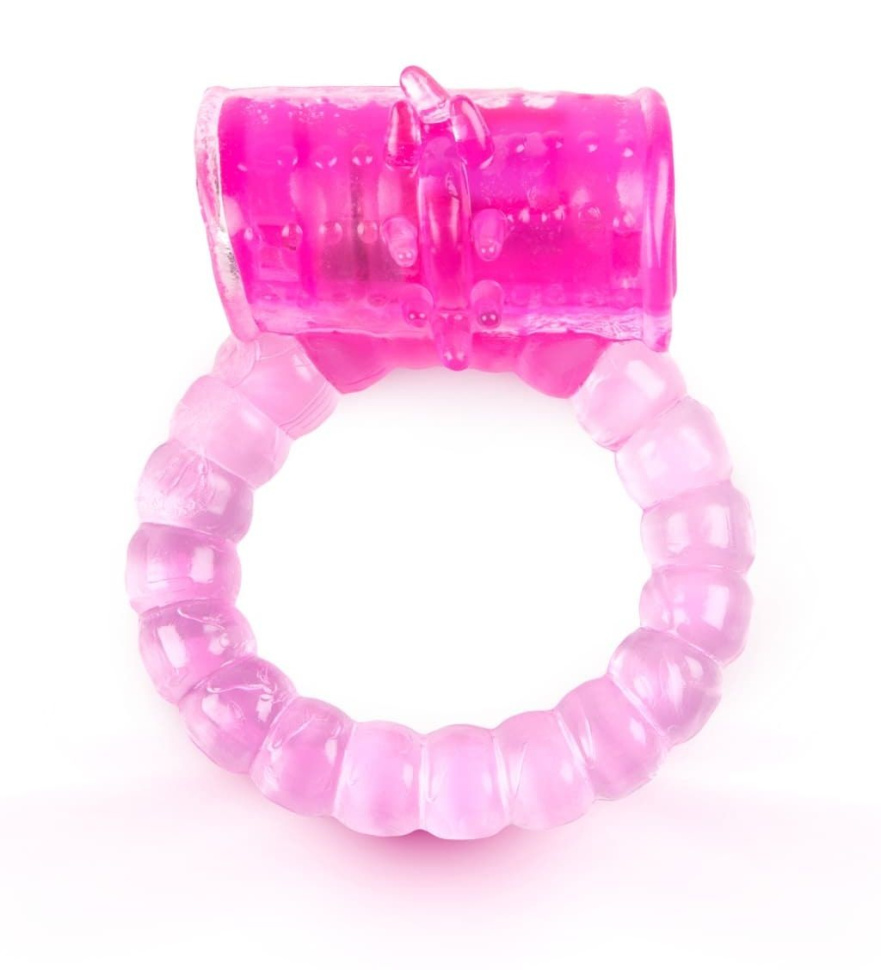 Розовое рельефное эрекционное кольцо с вибропулей купить в секс шопе