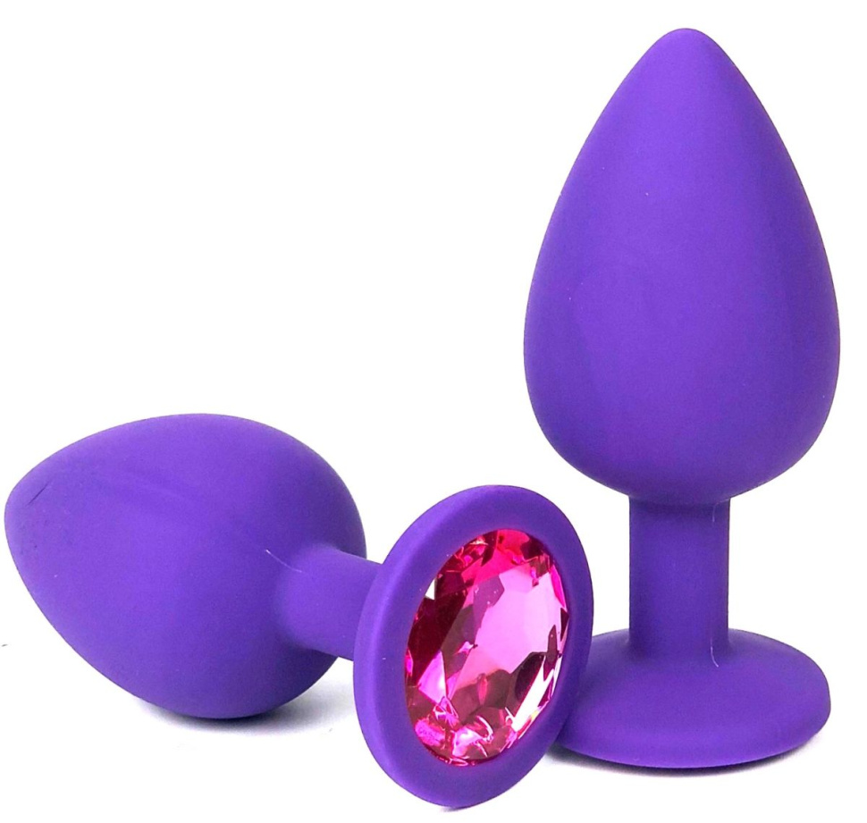 Фиолетовая анальная пробка с розовым стразом - 8 см.  купить в секс шопе