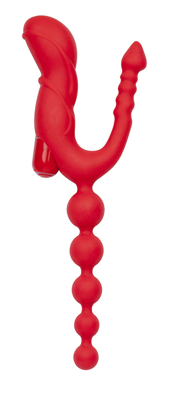 Красный тройной вибростимулятор Triple Devil Butt Plug With Mini Vibe - 28 см.  купить в секс шопе