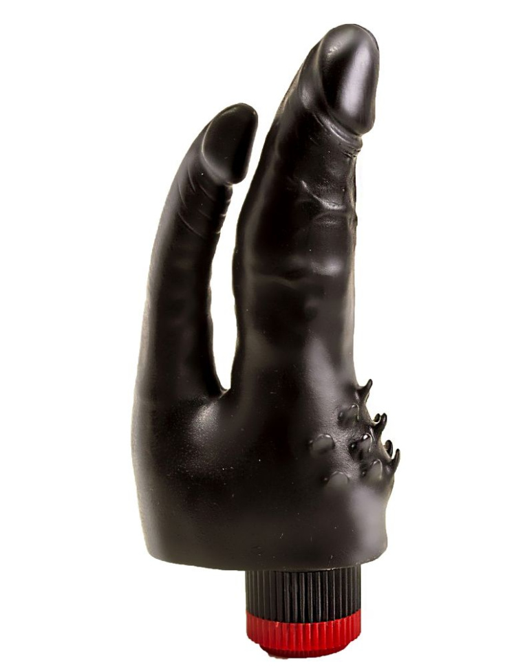 Чёрный вибромассажёр с двумя стволами и шипиками - 17 см. купить в секс шопе
