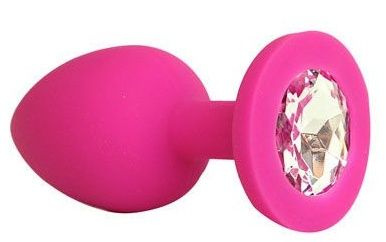 Ярко-розовая анальная пробка с прозрачным кристаллом - 9,5 см. купить в секс шопе