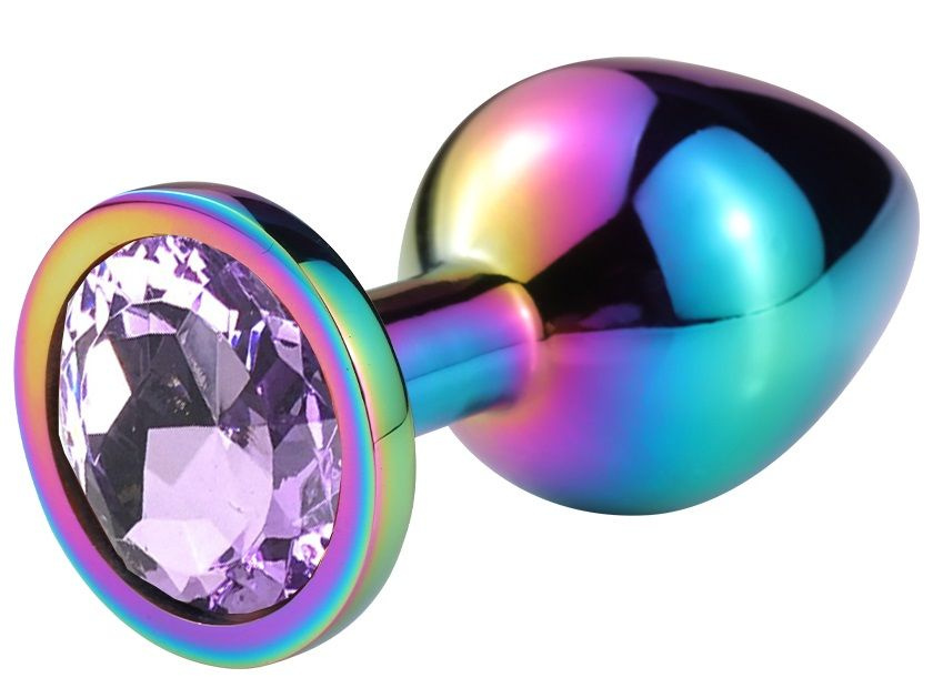 Разноцветная анальная пробка с сиреневым кристаллом - 6,8 см. купить в секс шопе