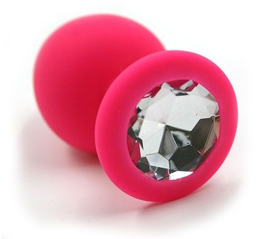Розовая силиконовая анальная пробка с прозрачным кристаллом - 7 см. купить в секс шопе