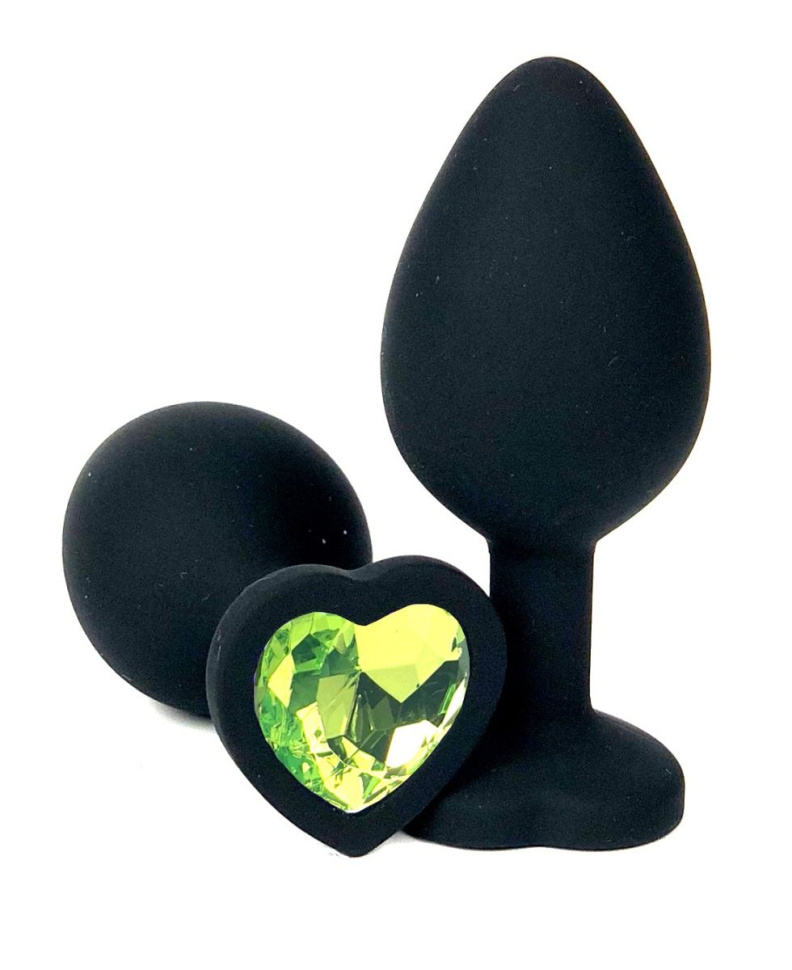 Черная силиконовая пробка с лаймовым кристаллом-сердцем - 8,5 см. купить в секс шопе