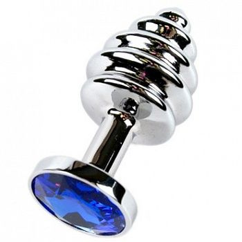Серебристая фигурная анальная пробка с синим кристаллом - 7,6 см. купить в секс шопе