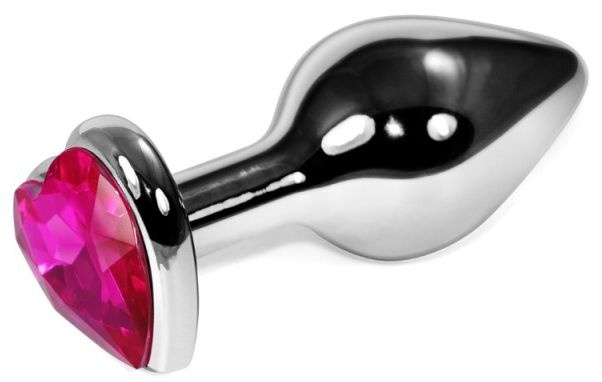 Серебристая анальная пробка с розовым кристаллом-сердечком - 8 см. купить в секс шопе