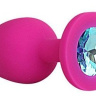 Ярко-розовая анальная пробка с голубым кристаллом - 9,5 см. купить в секс шопе