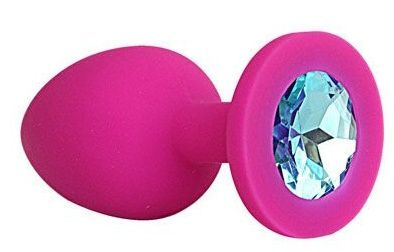 Ярко-розовая анальная пробка с голубым кристаллом - 9,5 см. купить в секс шопе