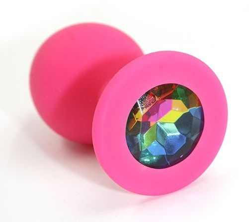 Розовая силиконовая анальная пробка с радужным кристаллом - 7 см. купить в секс шопе