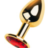 Золотистая коническая анальная пробка с красным кристаллом - 7 см. купить в секс шопе