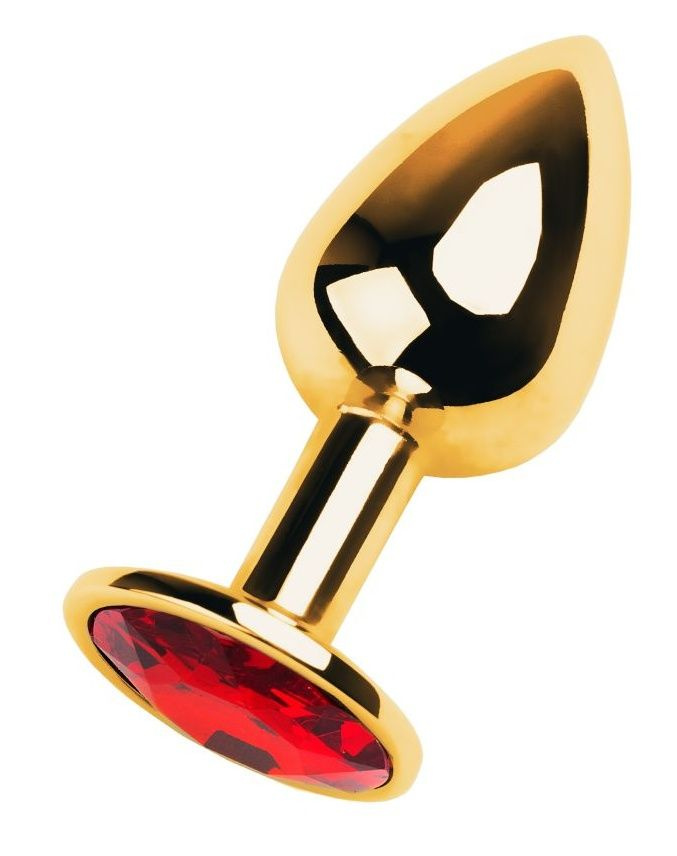 Золотистая коническая анальная пробка с красным кристаллом - 7 см. купить в секс шопе