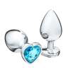 Серебристая коническая анальная пробка с голубым кристаллом-сердечком - 9 см. купить в секс шопе