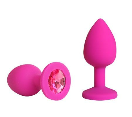 Розовая силиконовая пробка с красным кристаллом размера M - 8 см. купить в секс шопе