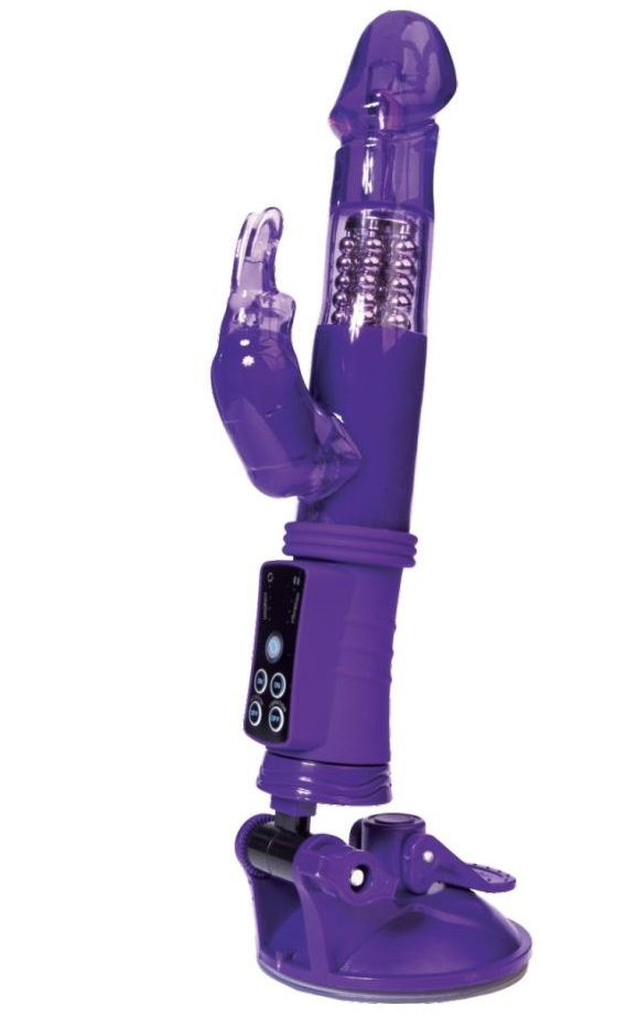Фиолетовый вибратор с вращением бусин, клиторальным зайчиком и надёжной присоской купить в секс шопе