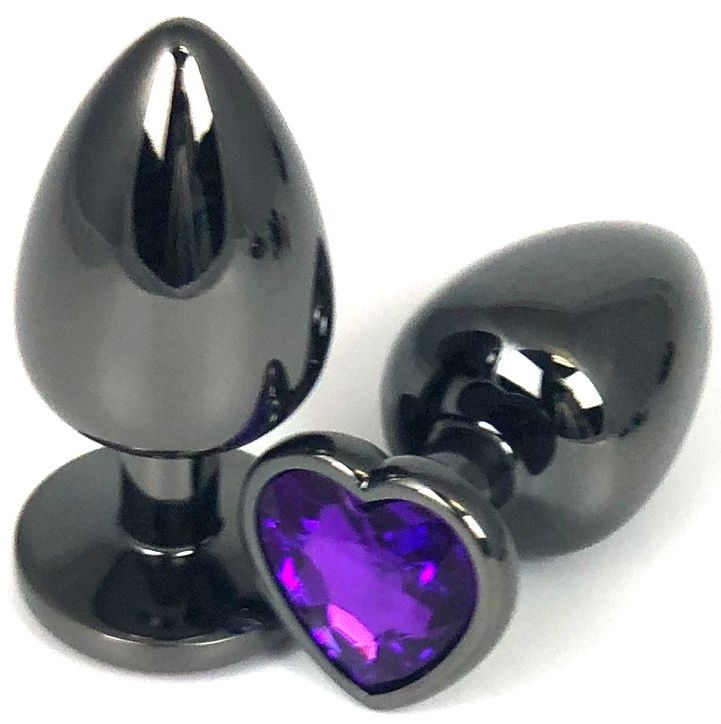 Черная металлическая анальная пробка с фиолетовым стразом-сердечком - 6,5 см. купить в секс шопе