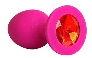 Ярко-розовая анальная пробка с красным кристаллом - 9,5 см. купить в секс шопе