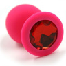 Розовая силиконовая анальная пробка с красным кристаллом - 8,3 см. купить в секс шопе