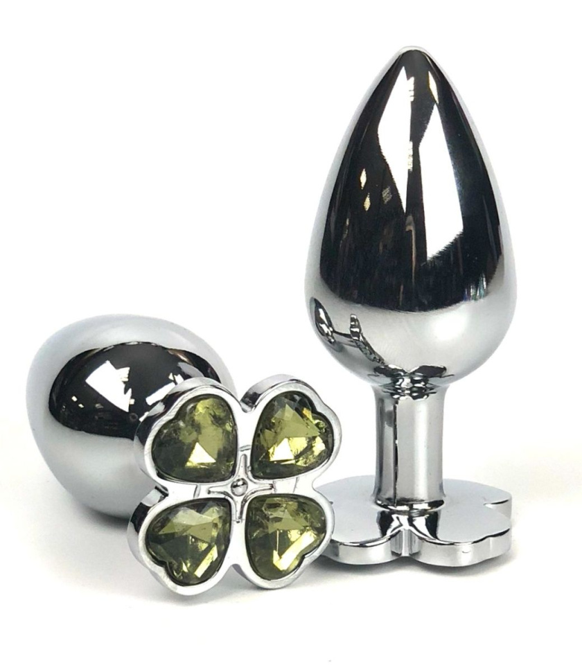 Серебристая анальная втулка с клевером из лаймовых кристаллов - 9 см. купить в секс шопе