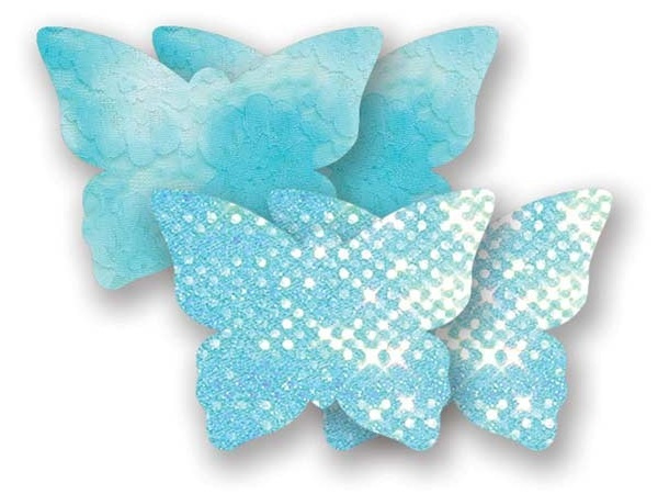 Комплект из 1 пары голубых пэстис-бабочек с блестками и 1 пары голубых пэстис-бабочек с кружевной поверхностью купить в секс шопе