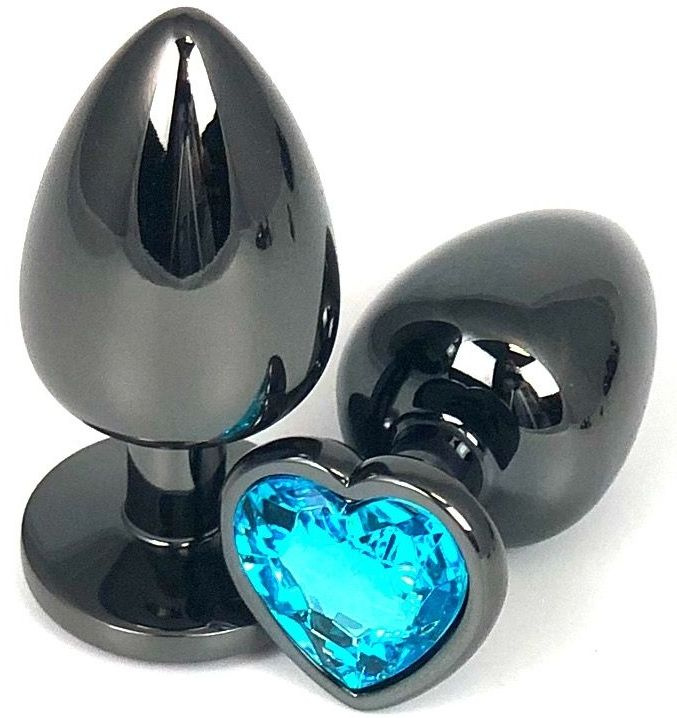 Черная металлическая анальная пробка с голубым стразом-сердечком - 9 см. купить в секс шопе