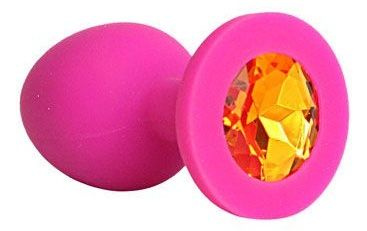 Ярко-розовая анальная пробка с оранжевым кристаллом - 9,5 см. купить в секс шопе