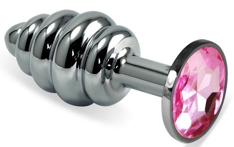 Серебристая рельефная анальная пробка с нежно-розовым кристаллом - 7,5 см. купить в секс шопе