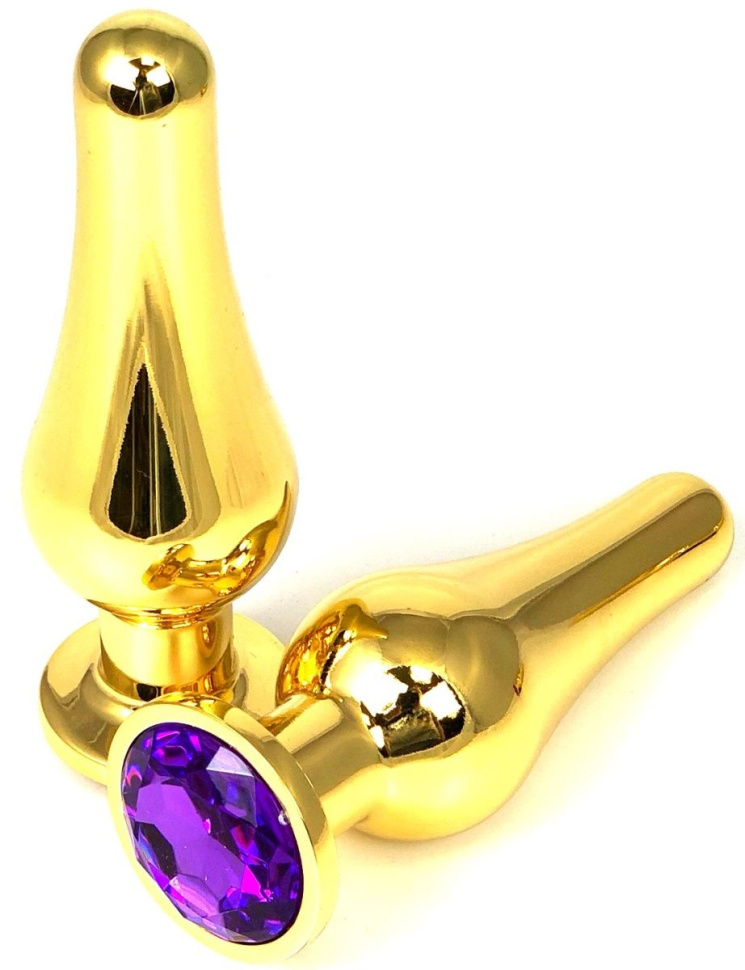 Золотистая удлиненная анальная пробка с фиолетовым кристаллом - 10 см. купить в секс шопе