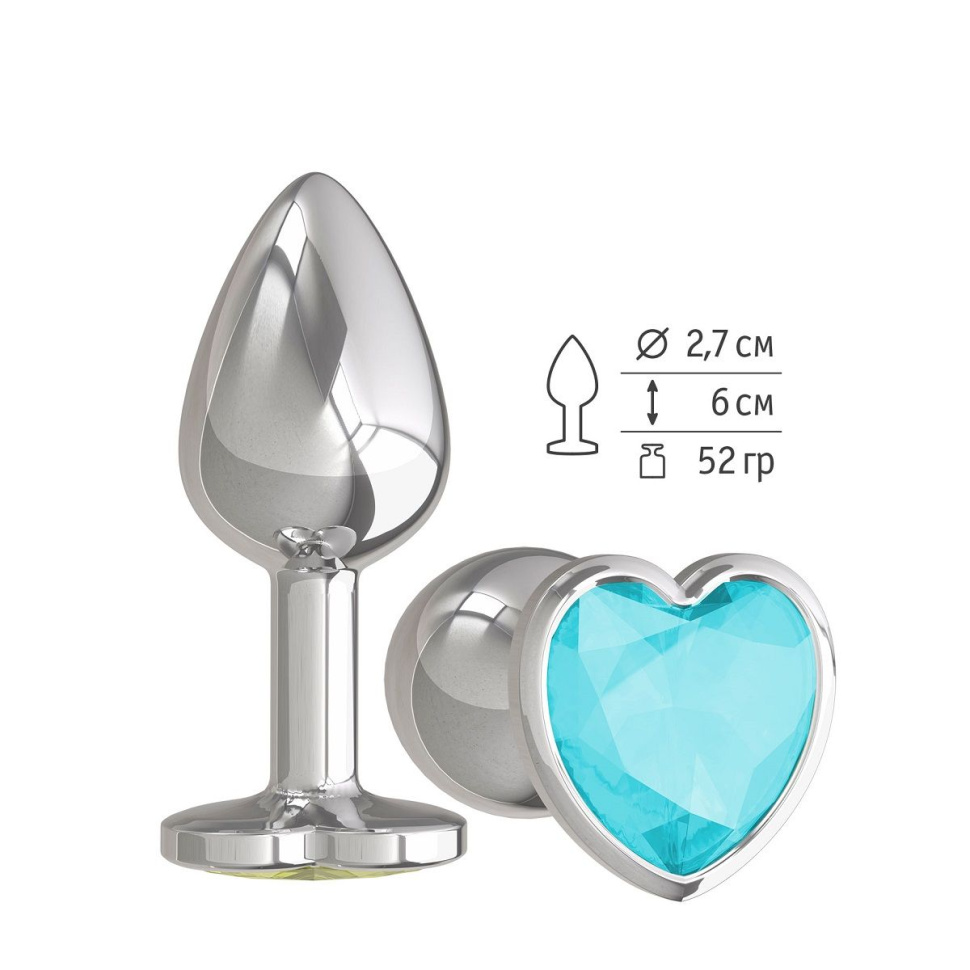 Серебристая анальная втулка с голубым кристаллом-сердцем - 7 см. купить в секс шопе