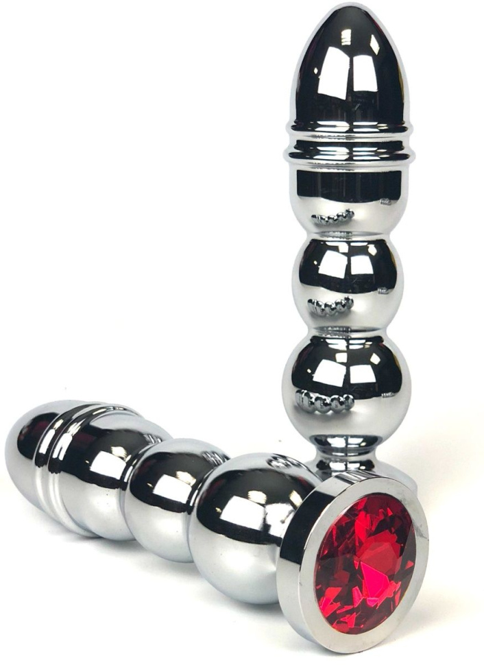 Серебристая анальная пробка-ёлочка с красным кристаллом - 13 см. купить в секс шопе