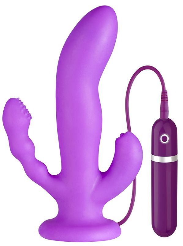 Фиолетовый вибратор с двумя дополнительными отростками PURRFECT SILICONE 3WAYS VIBRATOR 6.5INCH - 17 см. купить в секс шопе