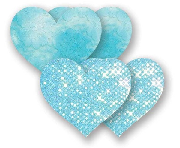 Комплект из 1 пары голубых пэстис-сердечек с блестками и 1 пары голубых пэстис-сердечек с кружевной поверхностью купить в секс шопе