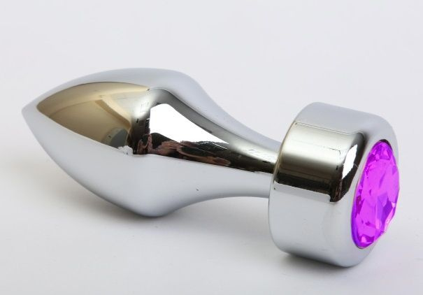 Серебристая анальная пробка с широким основанием и фиолетовым кристаллом - 7,8 см. купить в секс шопе