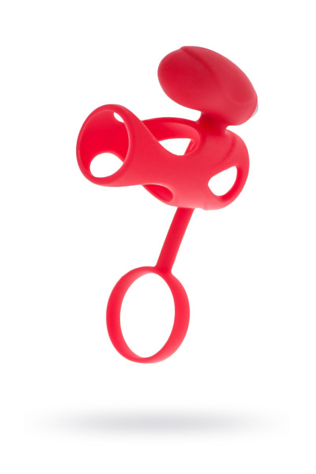 Красная насадка на пенис с клиторальным стимулятором купить в секс шопе