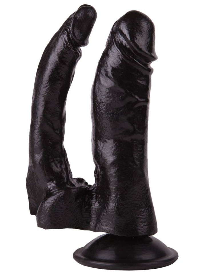 Двойной чёрный фаллоимитатор на присоске - 15 см. купить в секс шопе