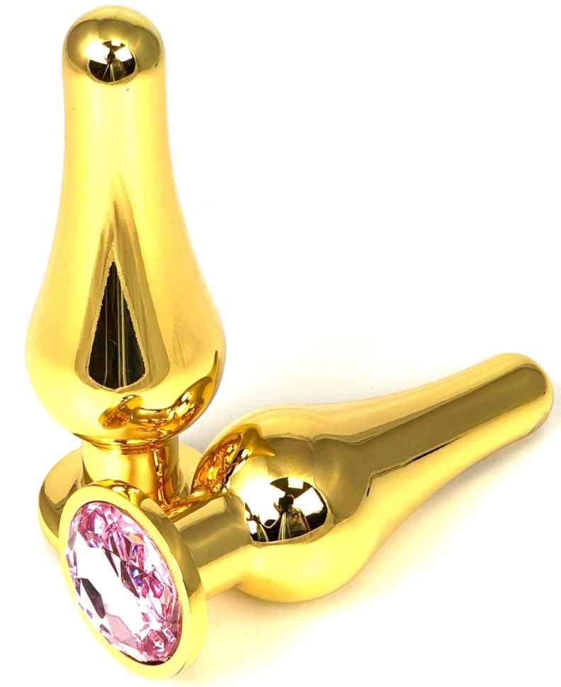 Золотистая удлиненная анальная пробка с нежно-розовым кристаллом - 10 см. купить в секс шопе