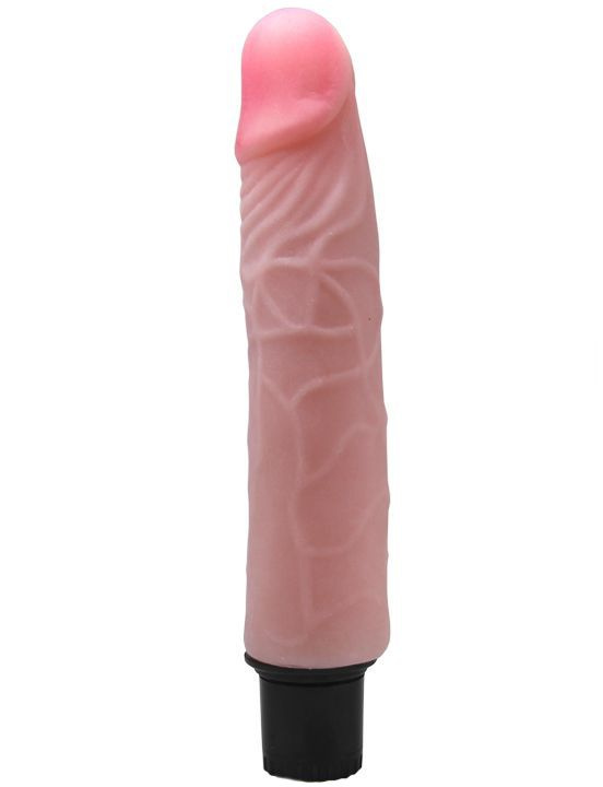 Телесный вибратор с розовой головкой из ультраскин - 20 см. купить в секс шопе
