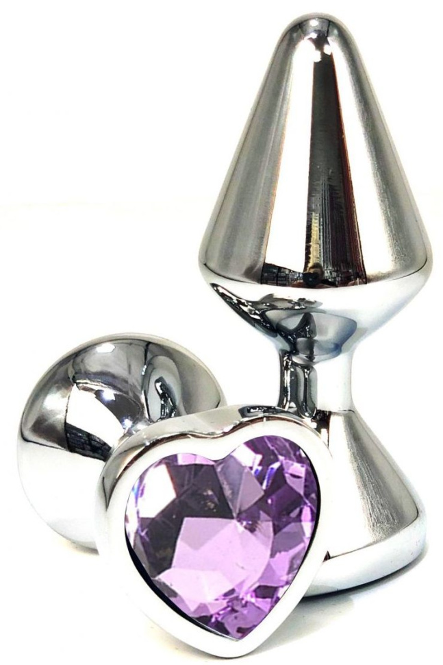 Серебристая анальная пробка с сиреневым кристаллом на удлиненной ножке - 8 см. купить в секс шопе