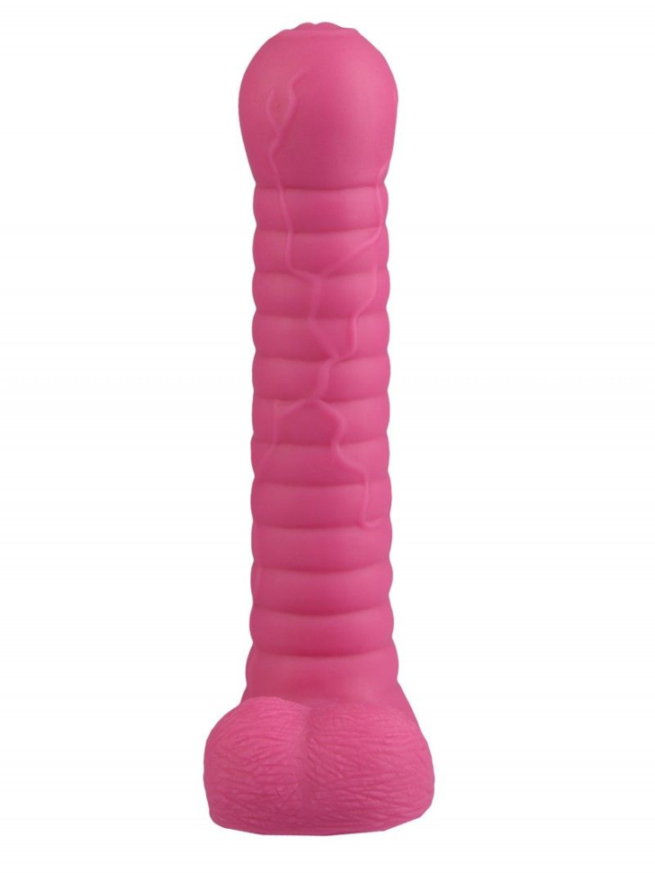 Розовый рельефный фаллоимитатор с мошонкой - 27,5 см. купить в секс шопе