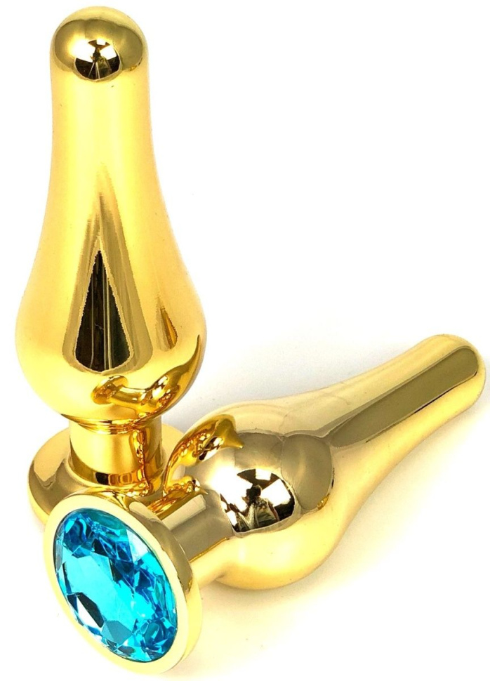 Золотистая удлиненная анальная пробка с голубым кристаллом - 10 см. купить в секс шопе