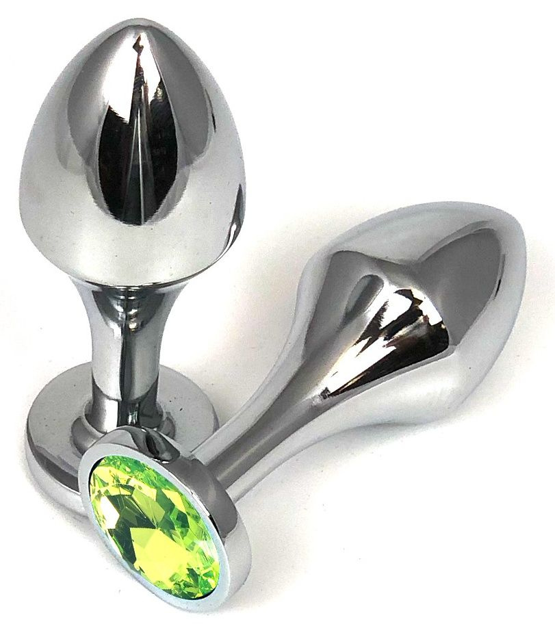Серебристая анальная пробка на удлиненной ножке с лаймовым кристаллом - 9 см. купить в секс шопе
